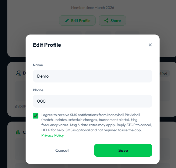 SMS opt-in checkbox in the Edit Profile screen showing the consent disclosure